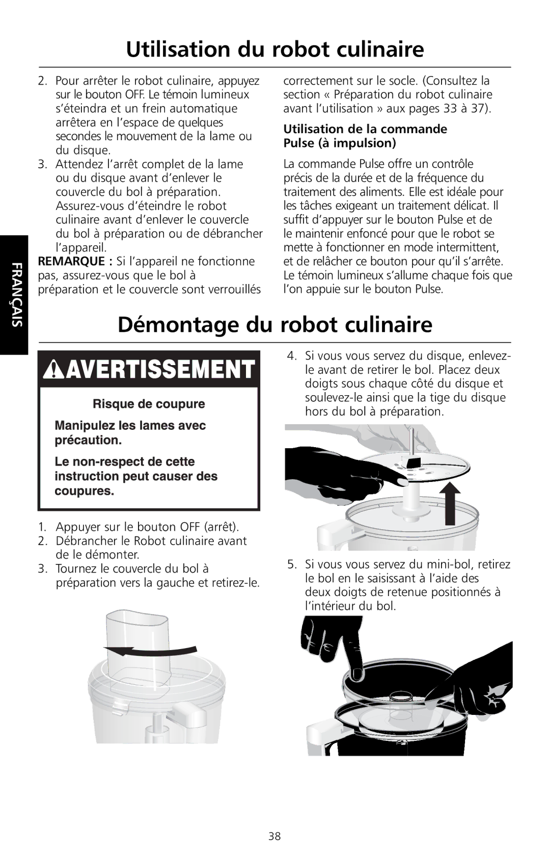 KitchenAid KFP730, KFP720, KFP710 Démontage du robot culinaire, ’appareil, Utilisation de la commande Pulse à impulsion 