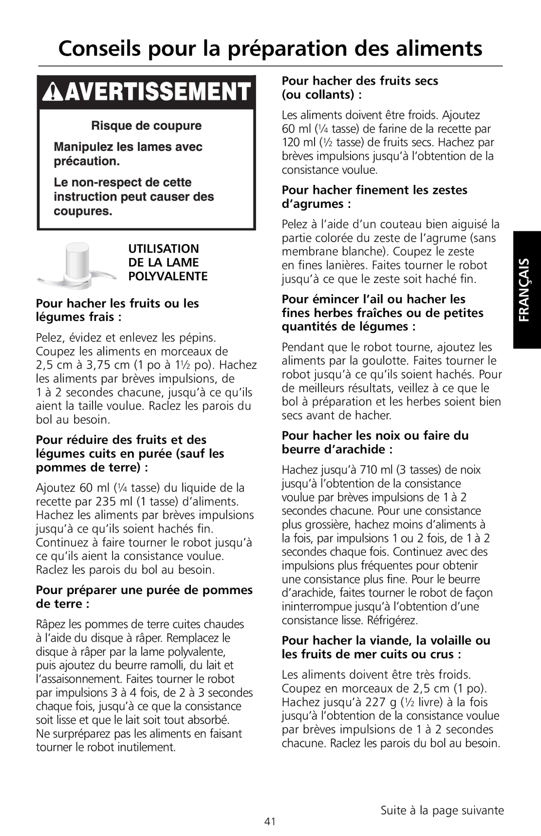 KitchenAid KFP715, KFP730, KFP720, KFP710 manual Conseils pour la préparation des aliments 