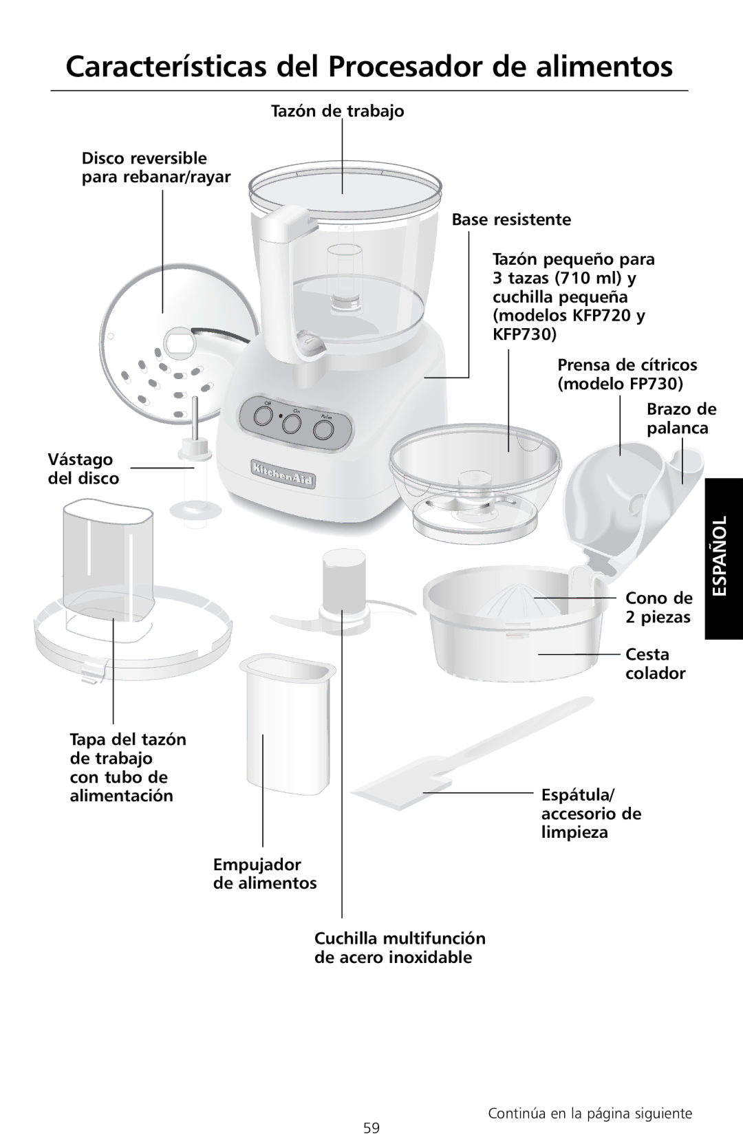 KitchenAid KFP720, KFP730 Características del Procesador de alimentos, Brazo de, Palanca, Cono de, Piezas Cesta Colador 