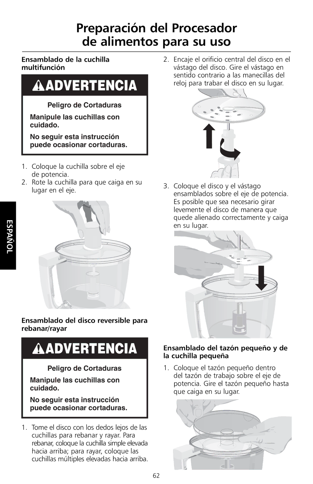 KitchenAid KFP730, KFP720 manual Ensamblado de la cuchilla multifunción, Ensamblado del disco reversible para rebanar/rayar 