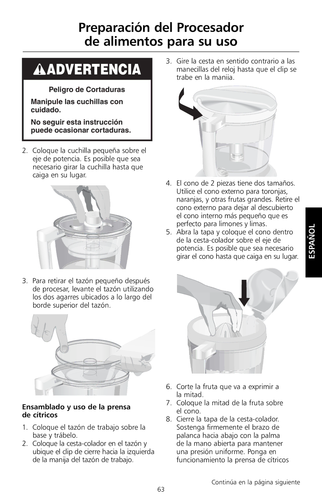 KitchenAid KFP720, KFP730 Ensamblado y uso de la prensa de cítricos, Coloque el tazón de trabajo sobre la base y trábelo 