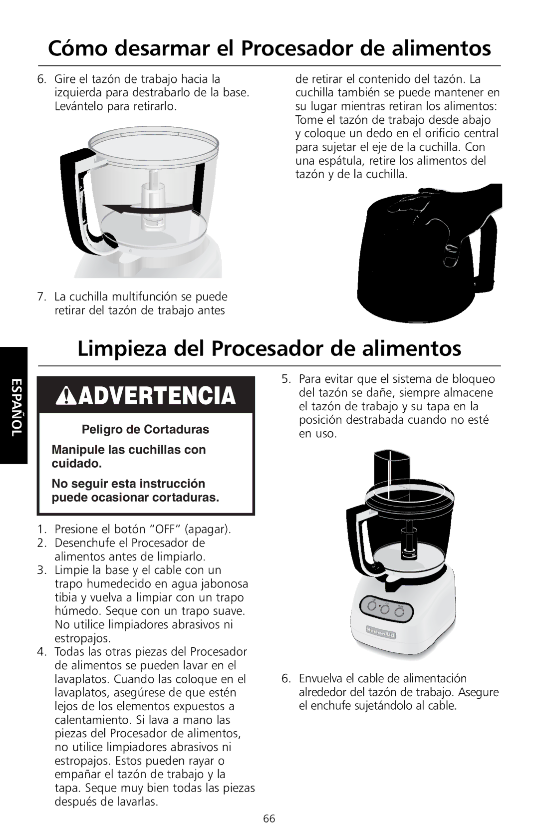 KitchenAid KFP730 Limpieza del Procesador de alimentos, Presione el botón OFF apagar, El enchufe sujetándolo al cable 