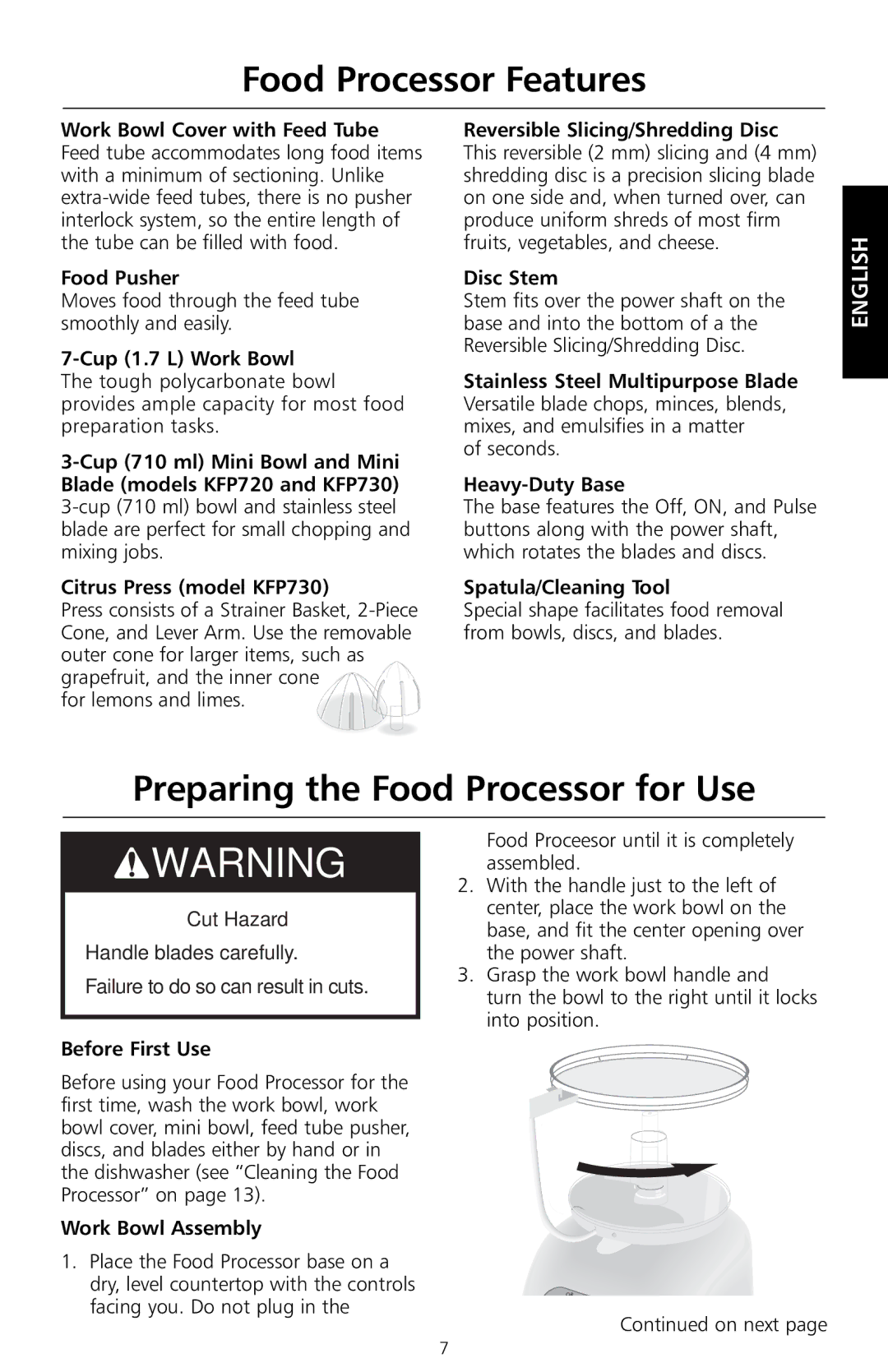 KitchenAid KFP720, KFP730, KFP710, KFP715 manual Preparing the Food Processor for Use 