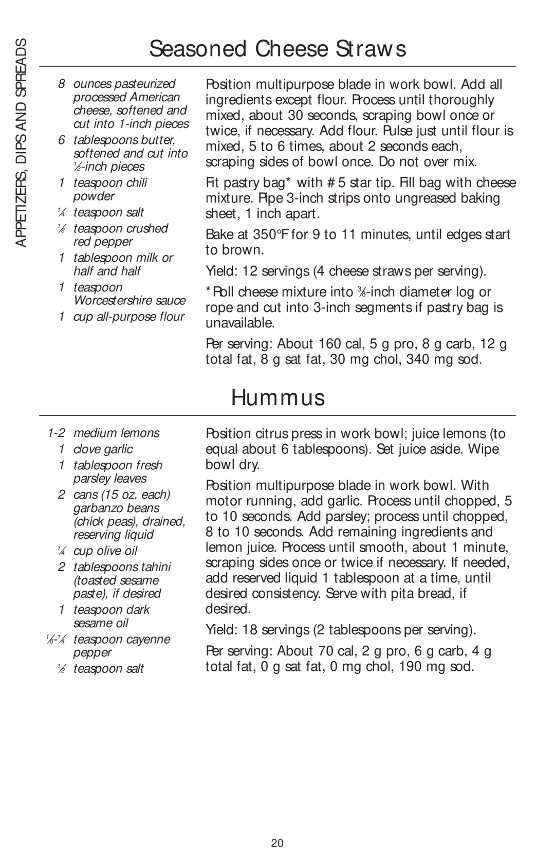 KitchenAid KFP720, KFP730, KFP710 manual Seasoned Cheese Straws, Hummus 