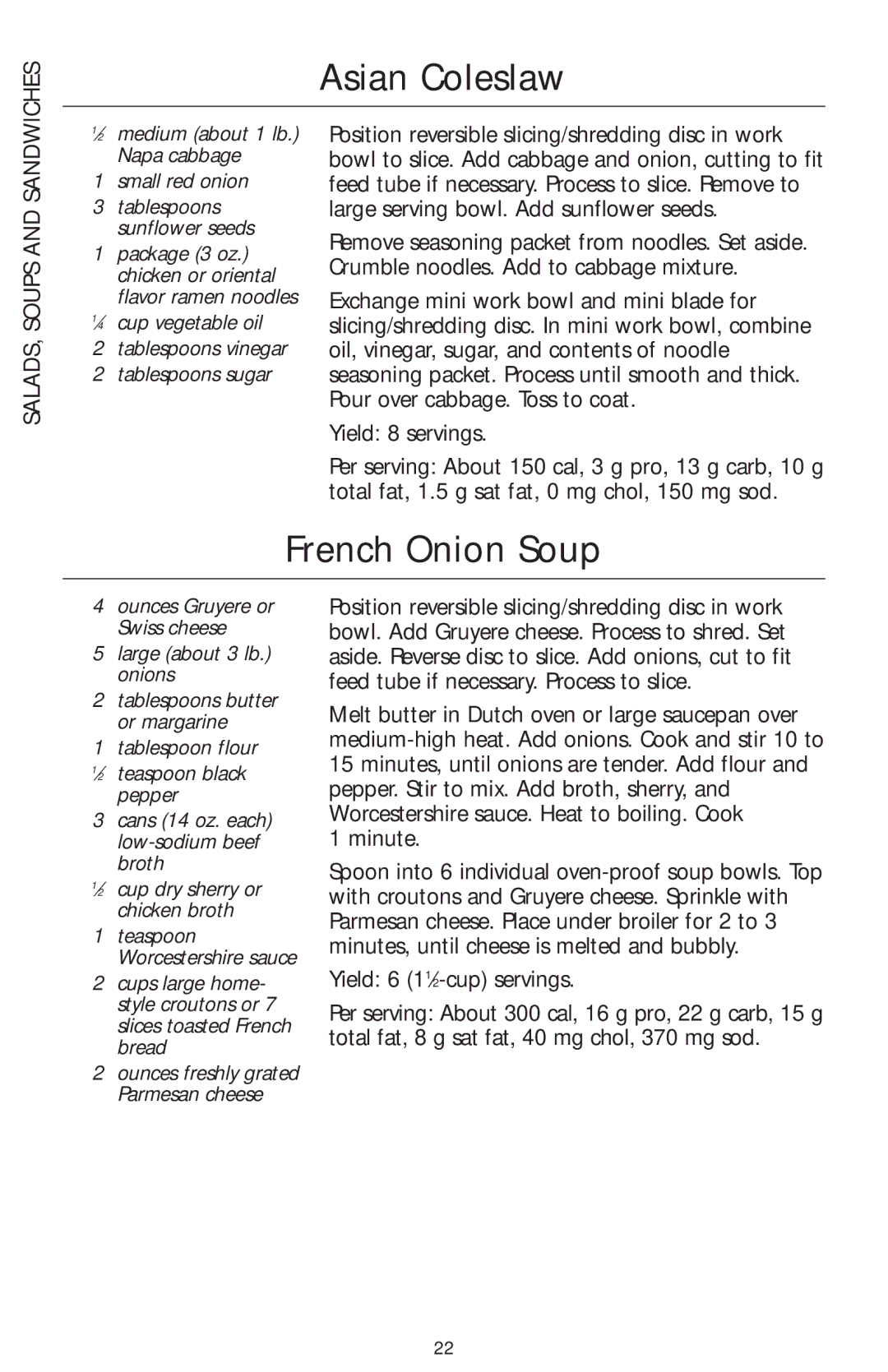 KitchenAid KFP730, KFP720, KFP710 manual Asian Coleslaw, French Onion Soup 