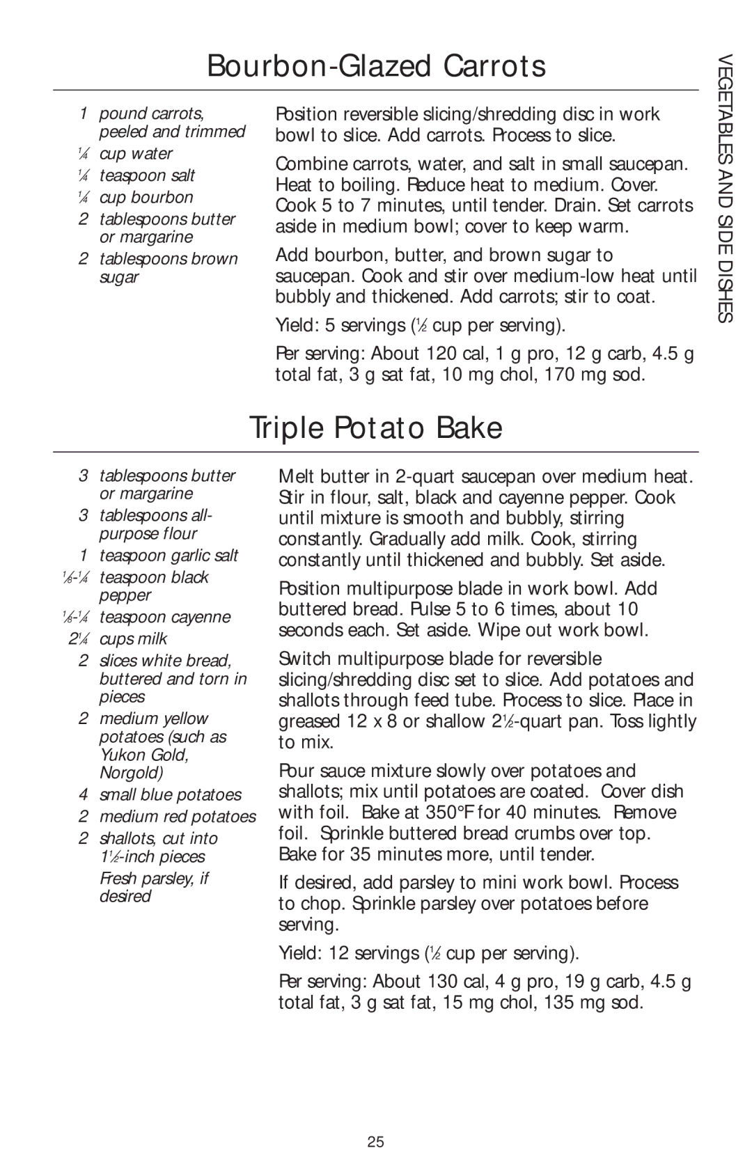 KitchenAid KFP730, KFP720, KFP710 manual Bourbon-Glazed Carrots, Triple Potato Bake 