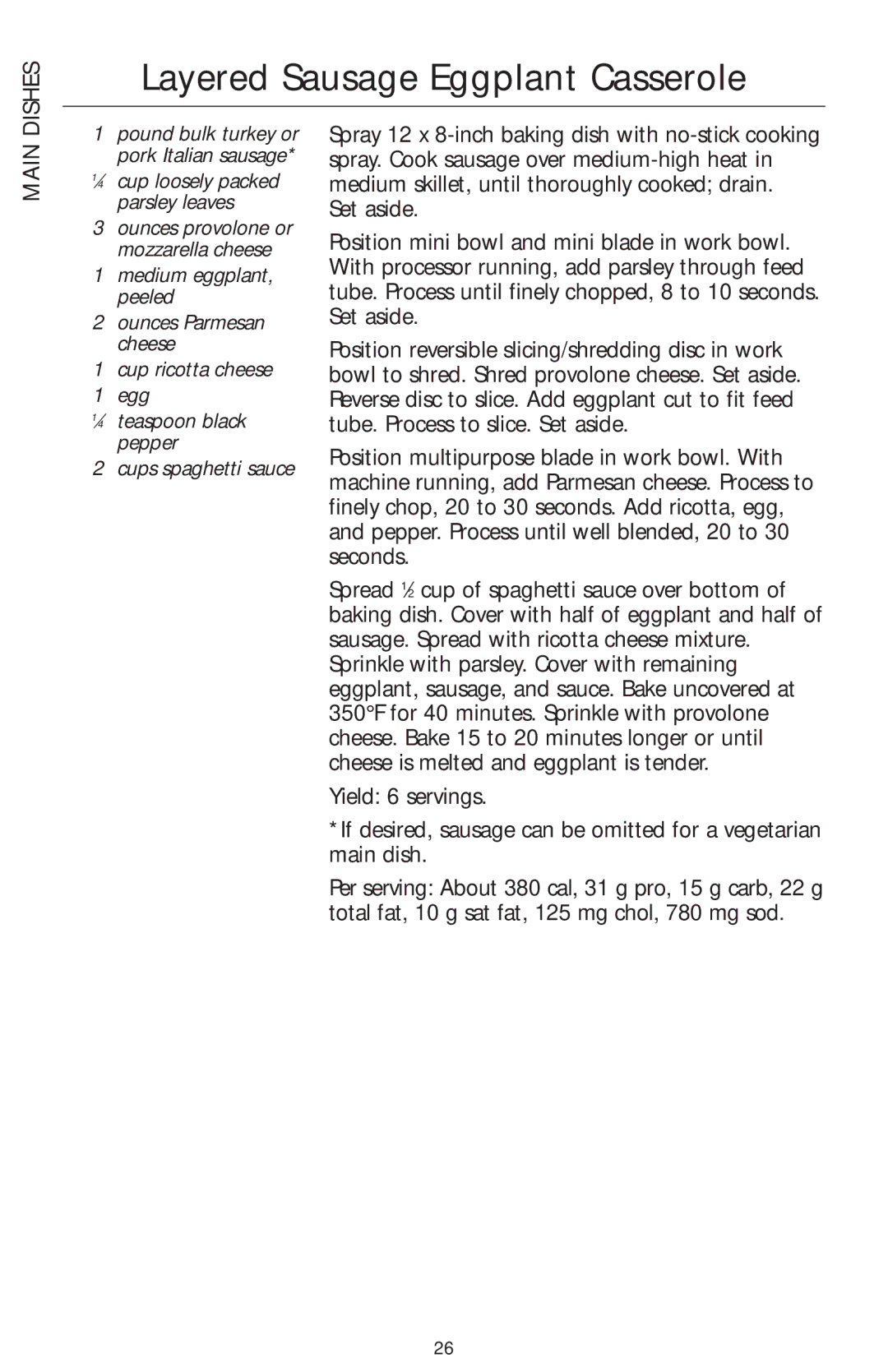 KitchenAid KFP720, KFP730, KFP710 manual Layered Sausage Eggplant Casserole, Main 