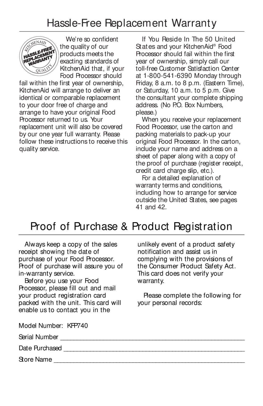 KitchenAid KFP740 manual Hassle-Free Replacement Warranty, Proof of Purchase & Product Registration 