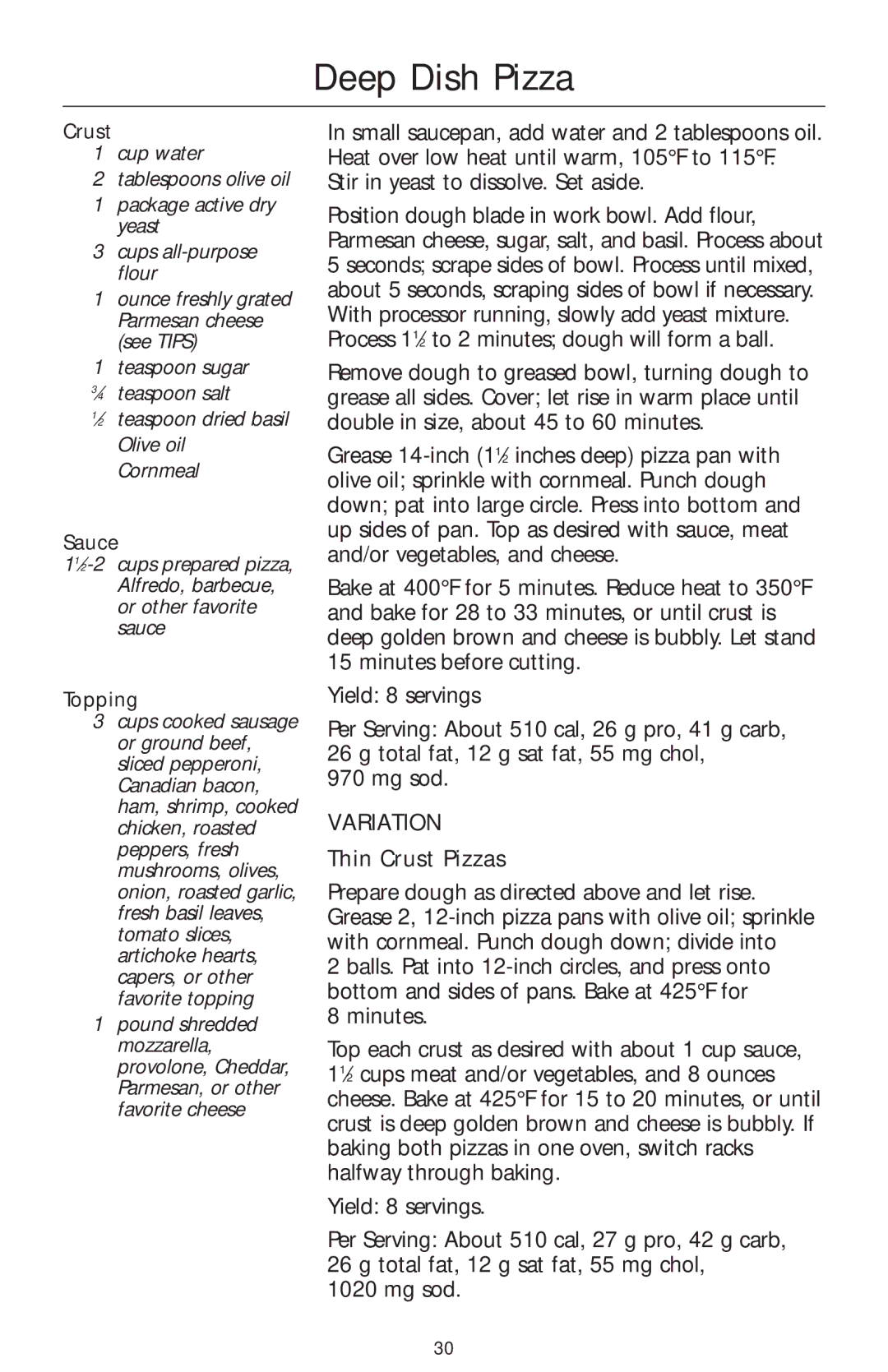 KitchenAid KFP740 manual Deep Dish Pizza, Thin Crust Pizzas, Sauce, Topping 