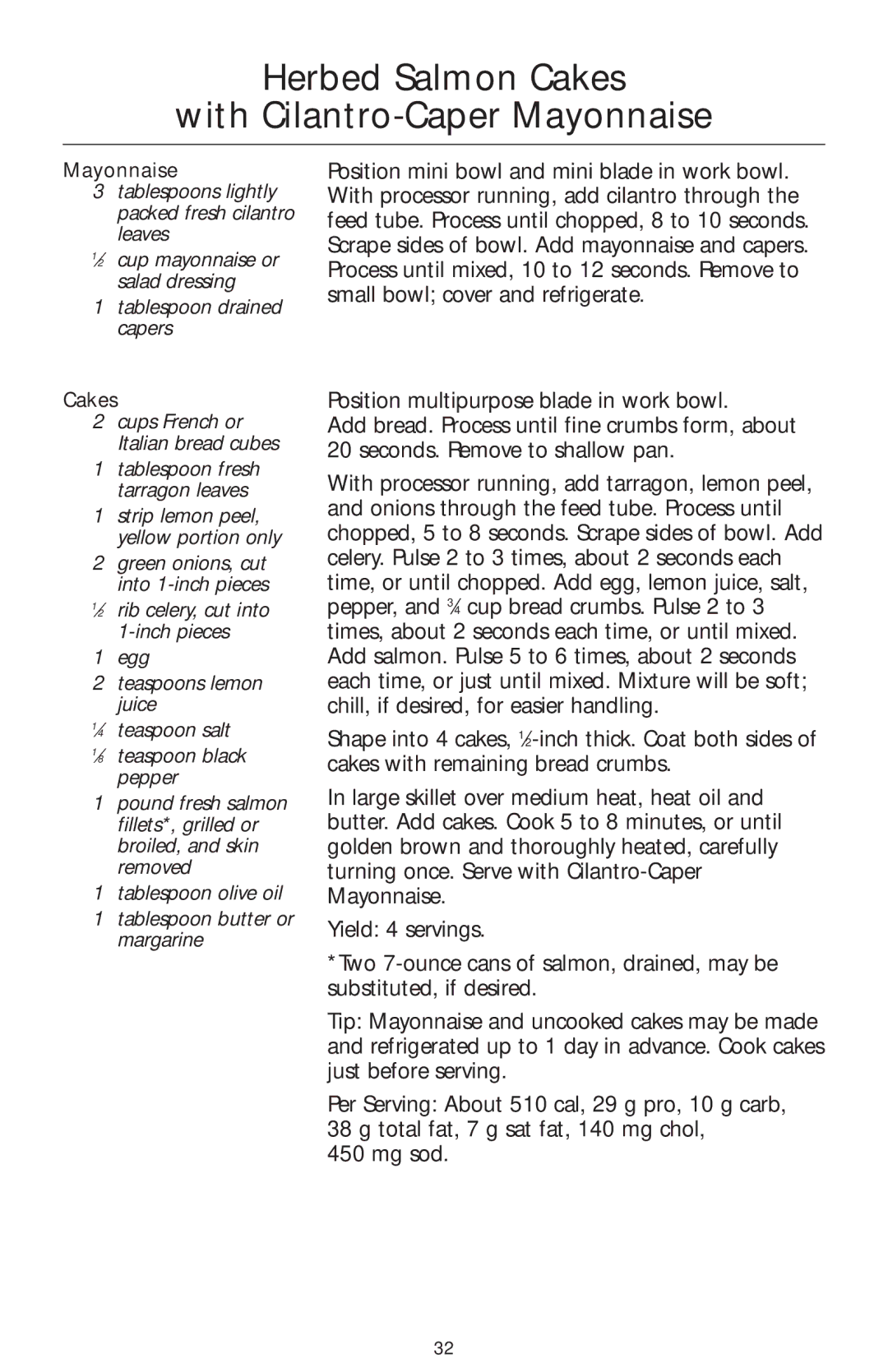 KitchenAid KFP740 manual Herbed Salmon Cakes With Cilantro-Caper Mayonnaise 