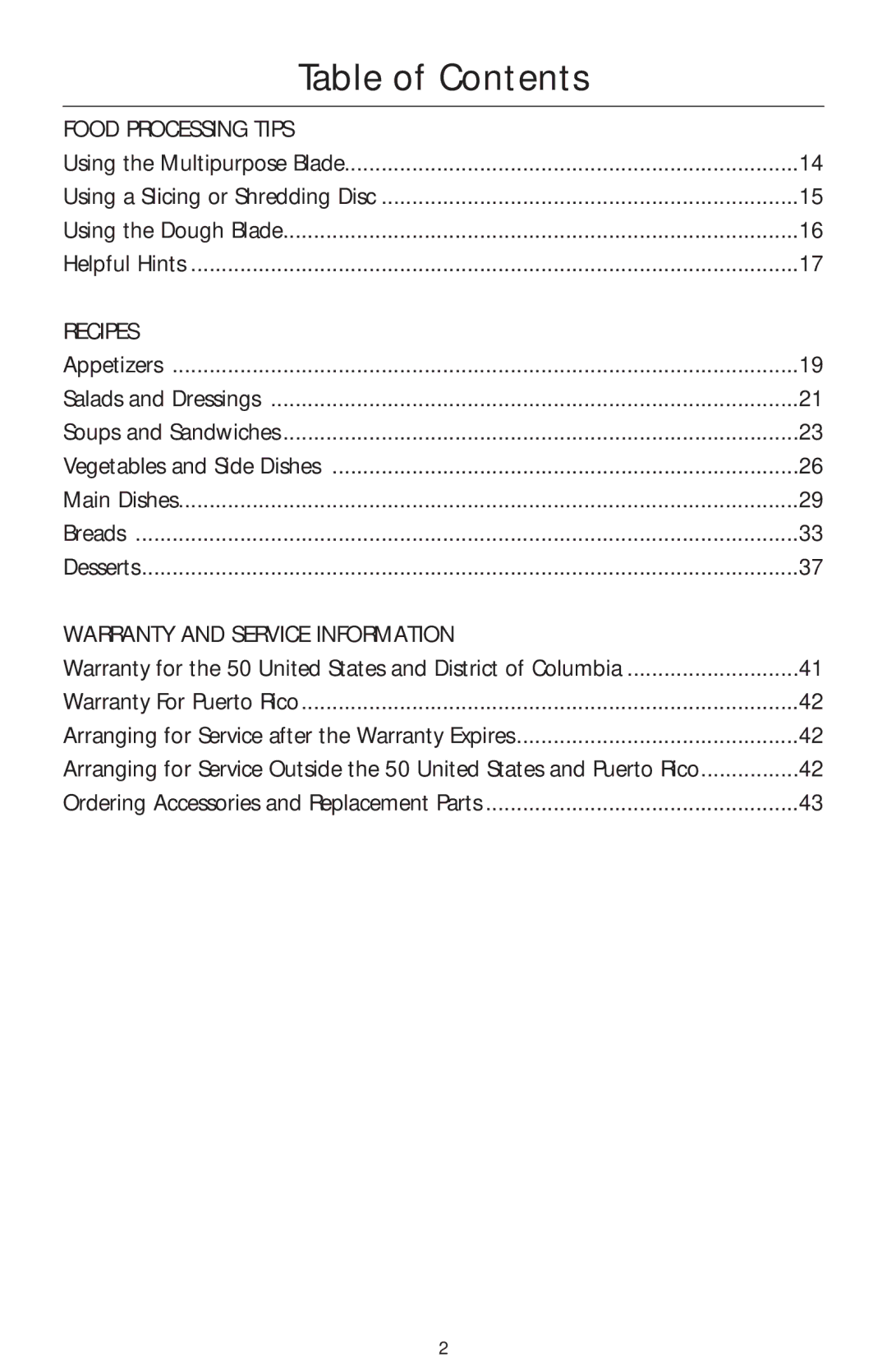 KitchenAid KFP740 manual Table of Contents 