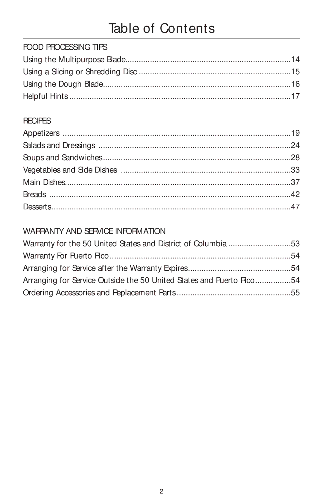 KitchenAid KFP750 manual Table of Contents 