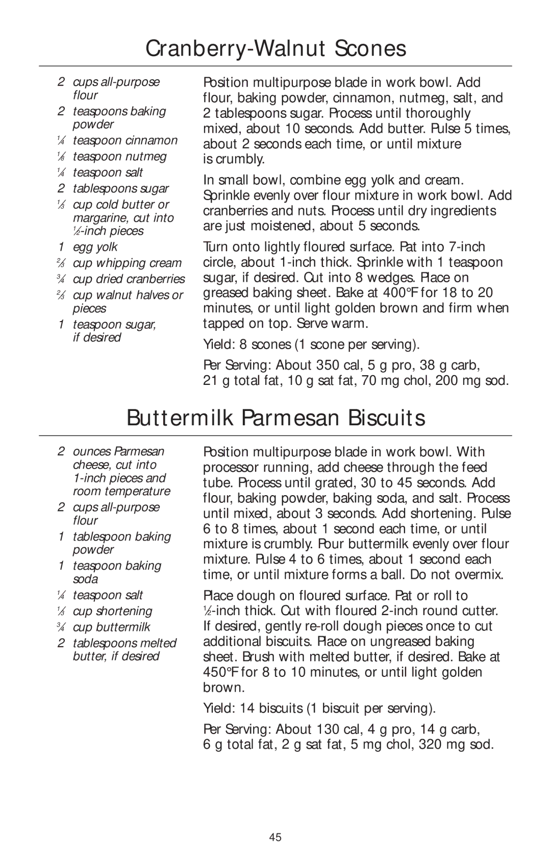 KitchenAid KFP750 manual Cranberry-Walnut Scones, Buttermilk Parmesan Biscuits 