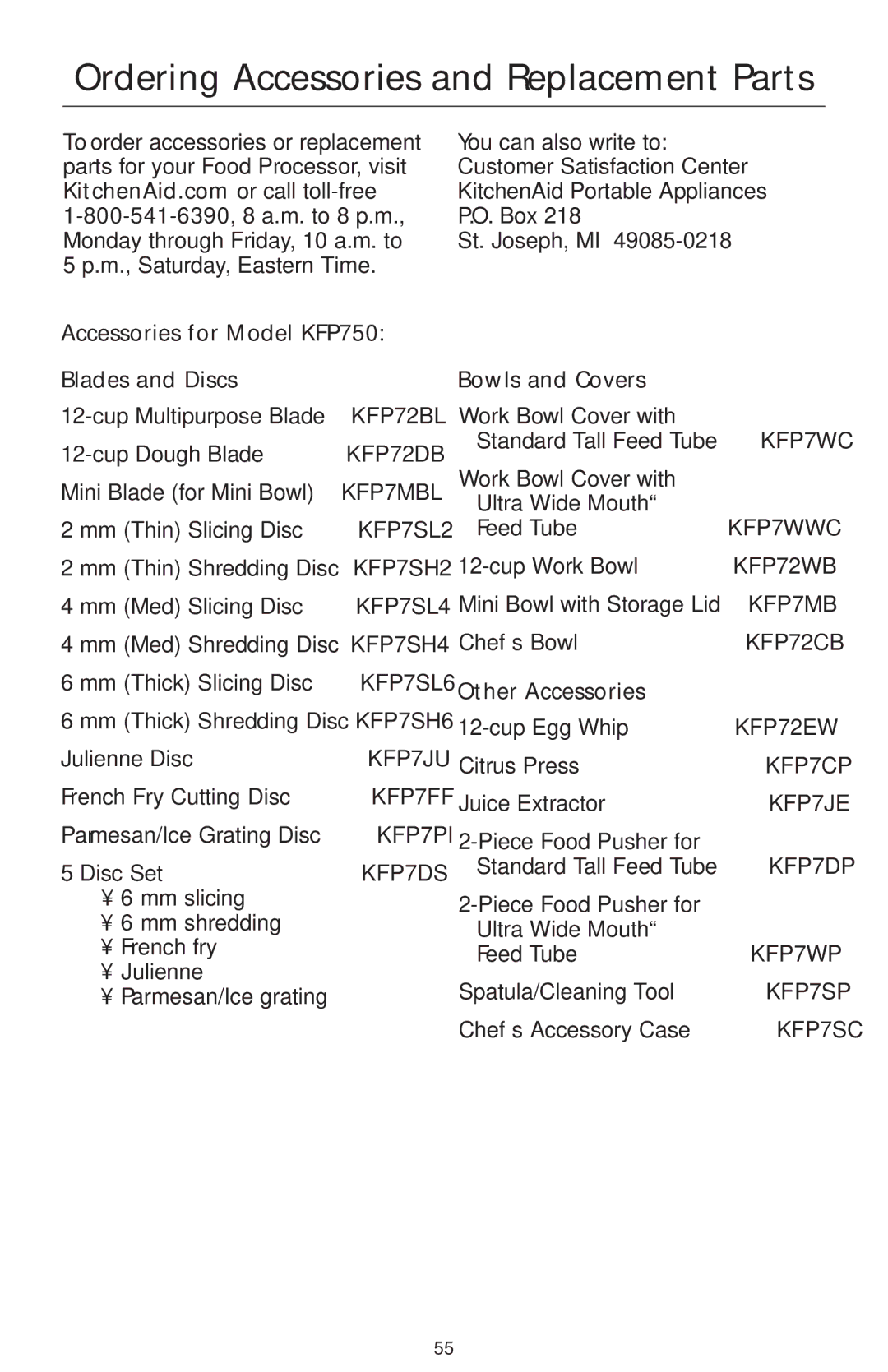 KitchenAid Ordering Accessories and Replacement Parts, Accessories for Model KFP750 Blades and Discs, Bowls and Covers 