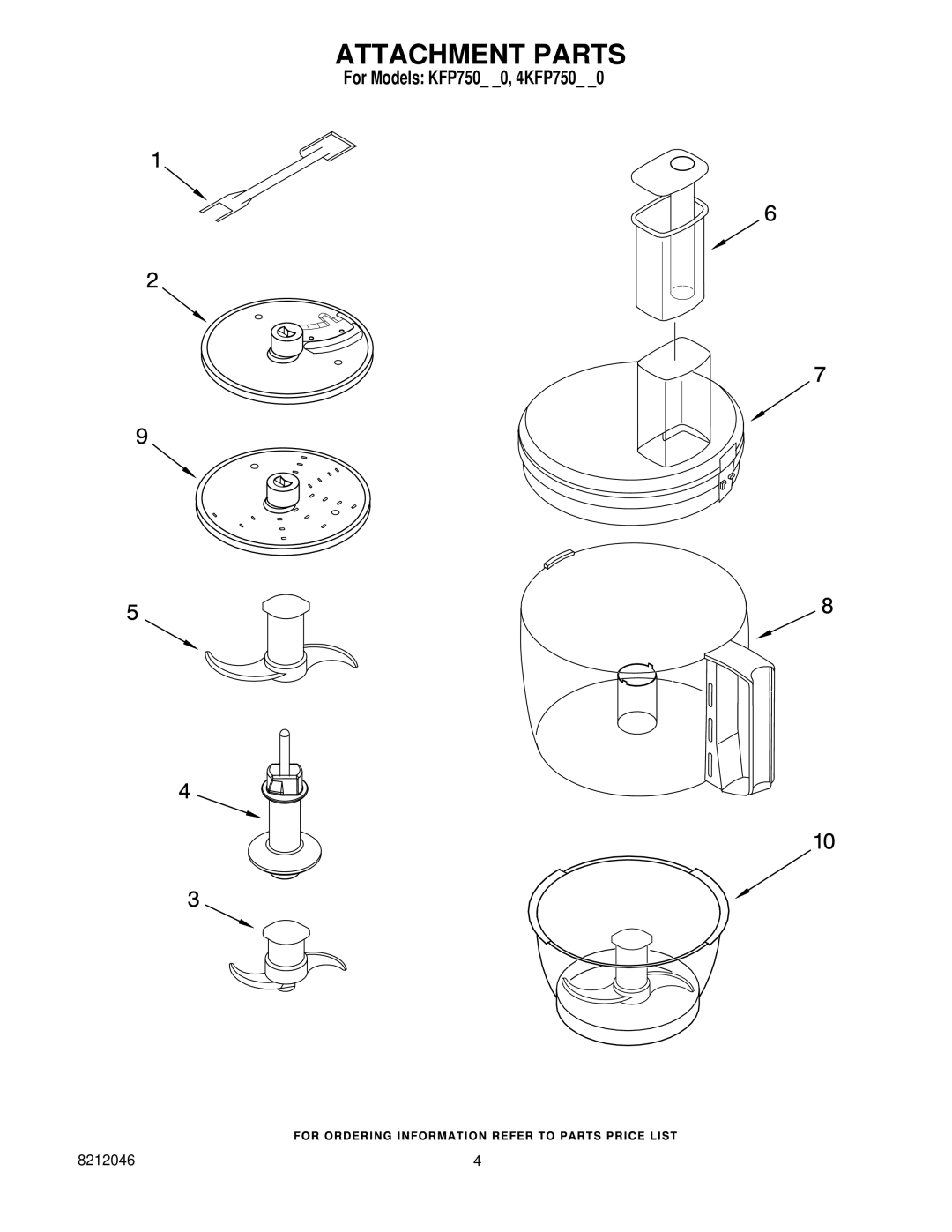 KitchenAid 4KFP750WH0, 4KFP750CR0, 4KFP750PK0, 4KFP750BU0, 4KFP750OB0, 4KFP750ER0 manual Attachment Parts 