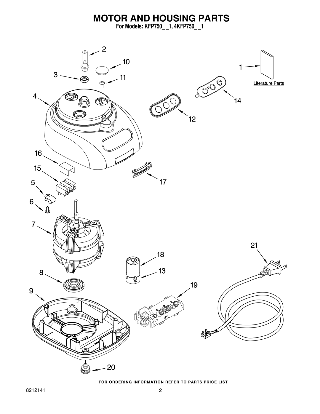 KitchenAid KFP750BU1, KFP750BW1, KFP750PK1, KFP750OB1, KFP750GC1, 4KFP750WH1, 4KFP750ER1 manual Motor and Housing Parts 