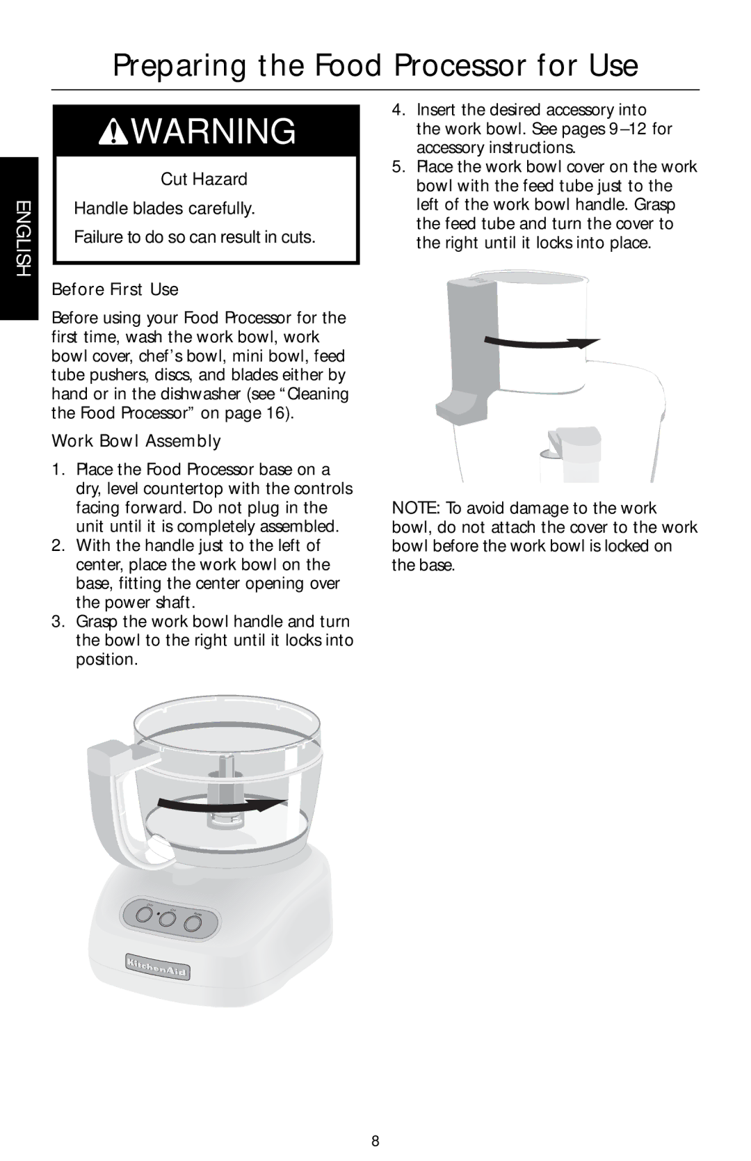 KitchenAid KFPM773, KFPM770, KFPW760, KFPW763 manual Preparing the Food Processor for Use, Work Bowl Assembly 