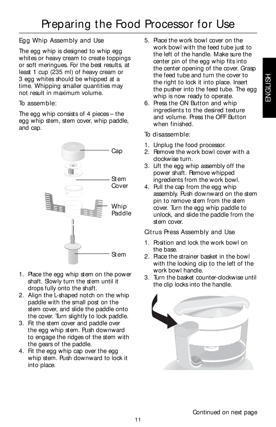 KitchenAid KFPW760, KFPM770, KFPM773 Egg Whip Assembly and Use, To assemble, Cap Stem Cover Whip Paddle, To disassemble 