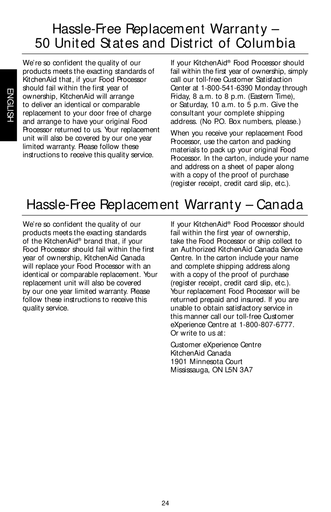 KitchenAid KFPM773, KFPM770, KFPW760 Hassle-Free Replacement Warranty Canada, Customer eXperience Centre KitchenAid Canada 