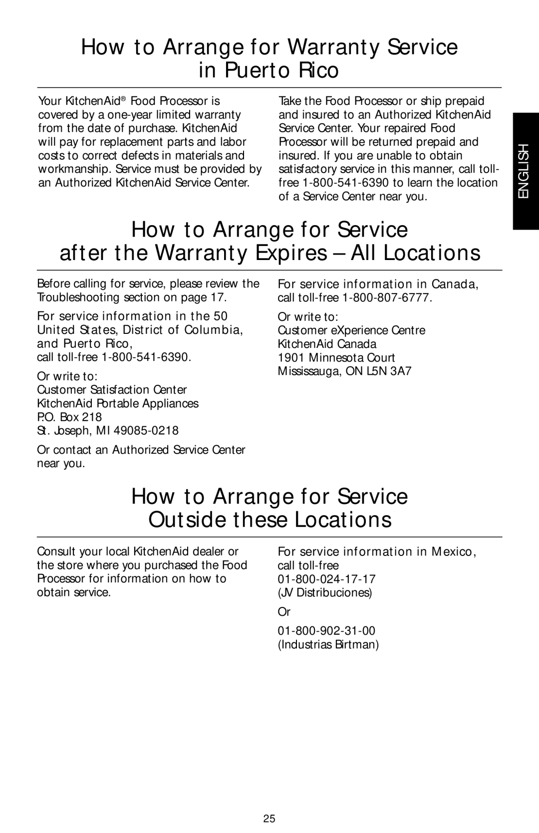 KitchenAid KFPW763 How to Arrange for Warranty Service Puerto Rico, How to Arrange for Service Outside these Locations 