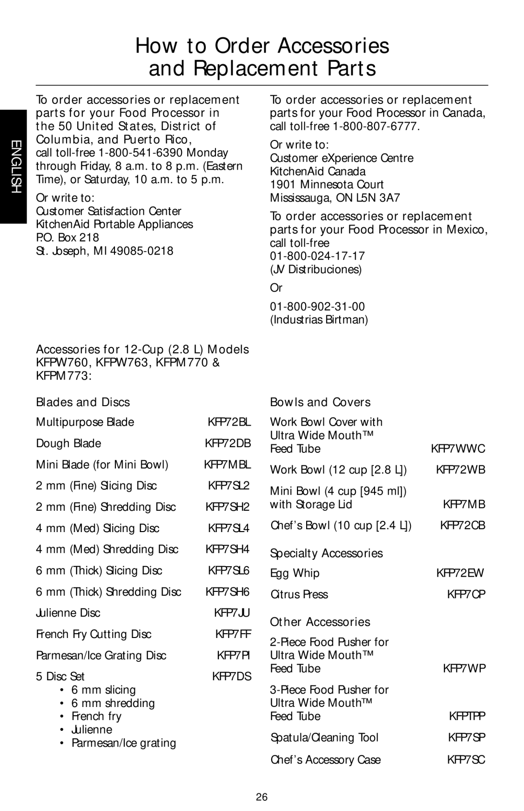 KitchenAid KFPM770 How to Order Accessories Replacement Parts, Bowls and Covers, Specialty Accessories, Other Accessories 