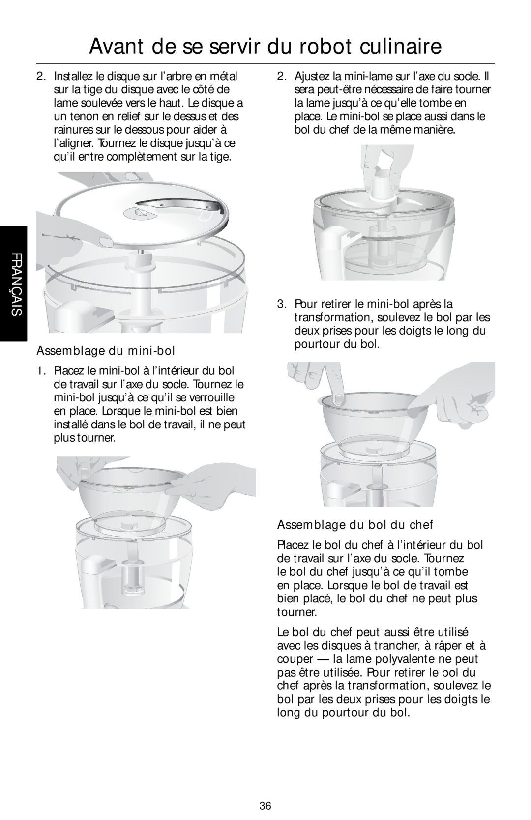 KitchenAid KFPM773, KFPM770, KFPW760, KFPW763 manual Assemblage du mini-bol, Assemblage du bol du chef 