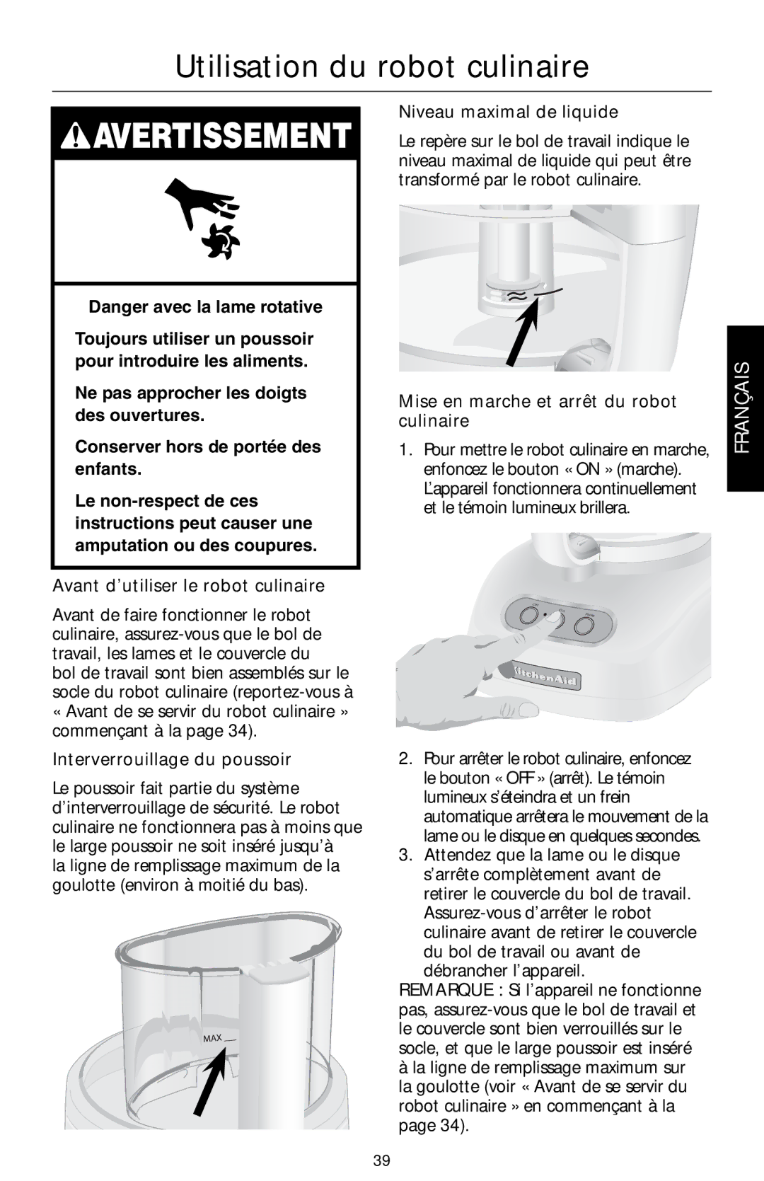 KitchenAid KFPW760, KFPM770 manual Utilisation du robot culinaire, « Avant de se servir du robot culinaire » commençant à la 