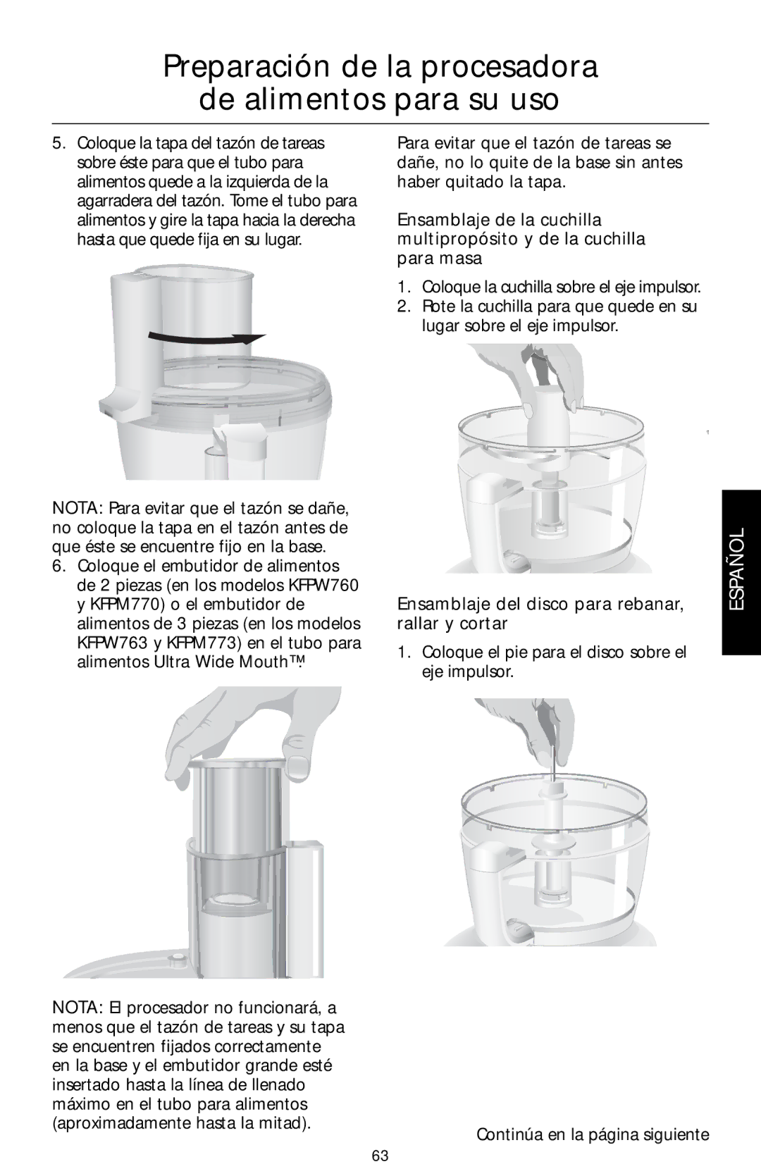 KitchenAid KFPW760, KFPM770, KFPM773, KFPW763 manual Preparación de la procesadora De alimentos para su uso 