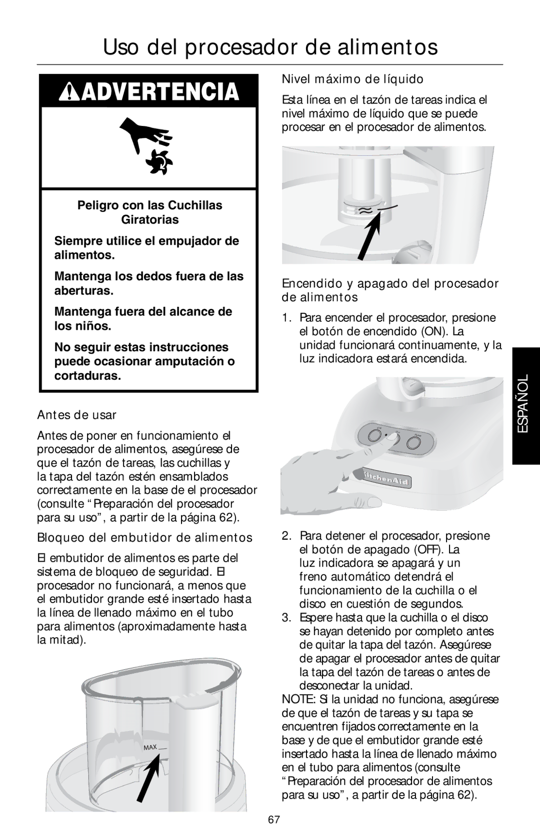 KitchenAid KFPW760, KFPM770 Uso del procesador de alimentos, Bloqueo del embutidor de alimentos, Nivel máximo de líquido 