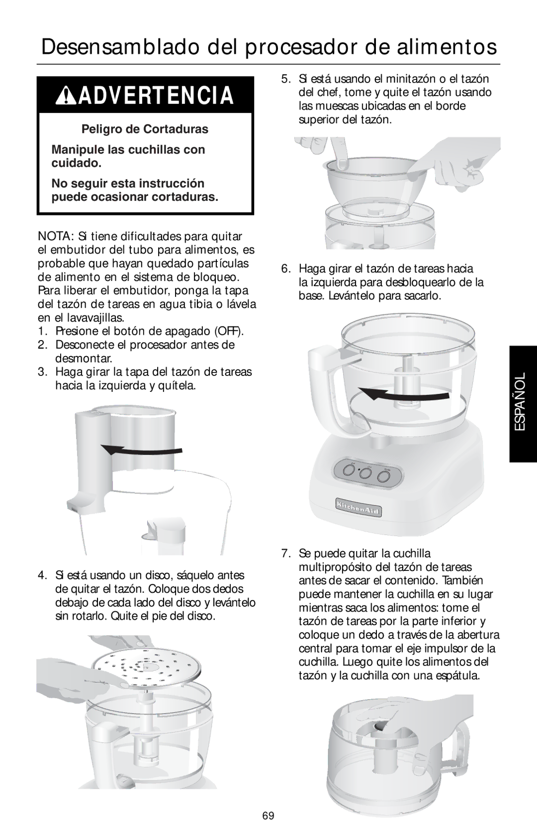 KitchenAid KFPW763, KFPM770, KFPW760, KFPM773 manual Desensamblado del procesador de alimentos 