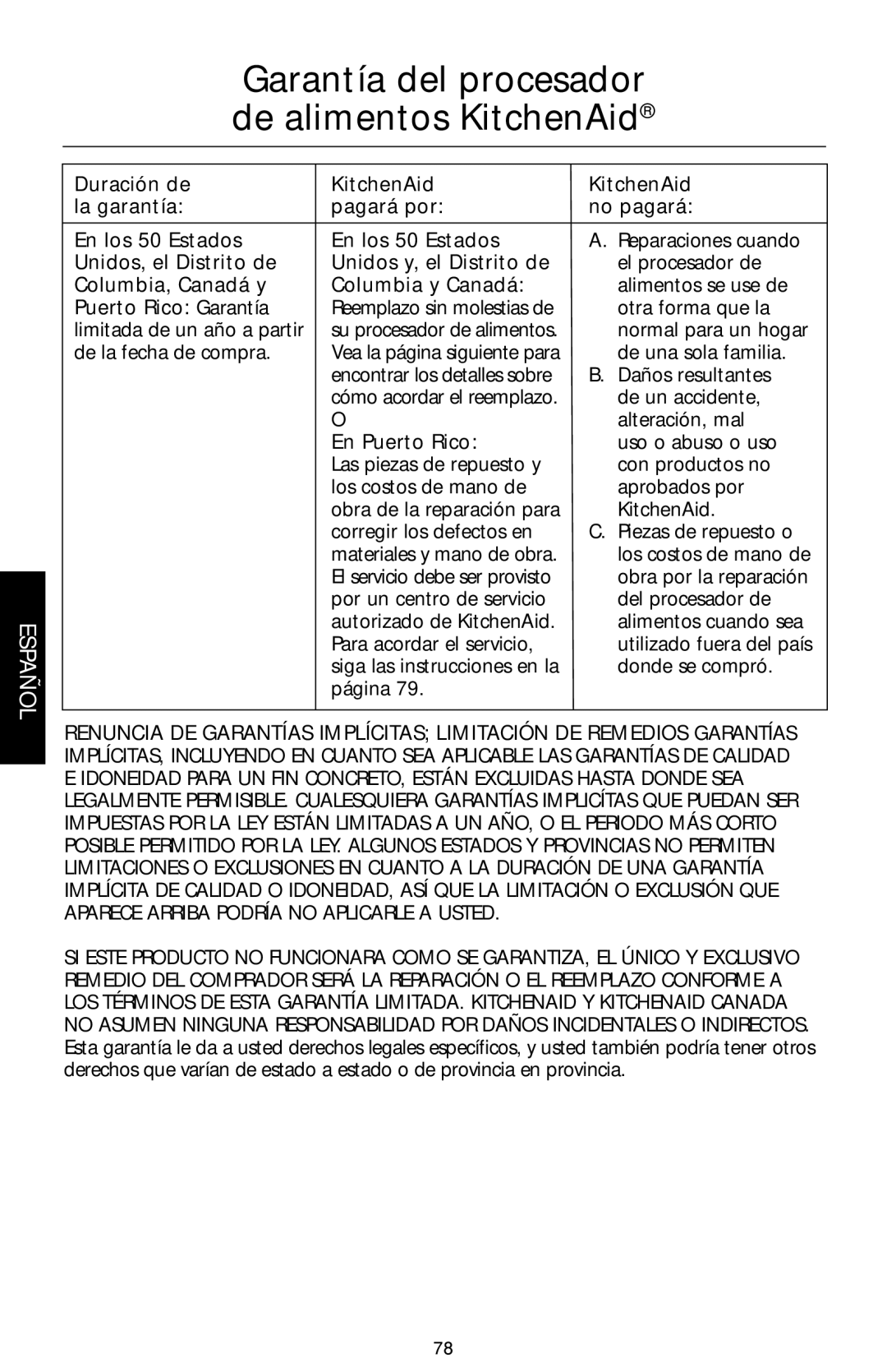 KitchenAid KFPM770 manual Garantía del procesador de alimentos KitchenAid, Unidos, el Distrito de Unidos y, el Distrito de 