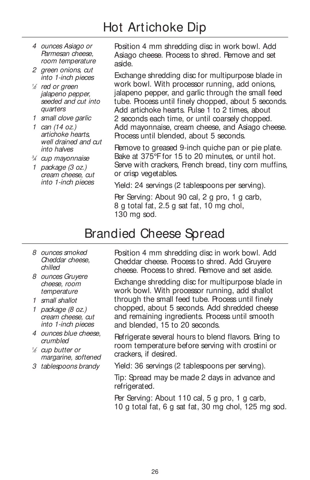 KitchenAid KFPM770, KFPW760 manual Hot Artichoke Dip, Brandied Cheese Spread 