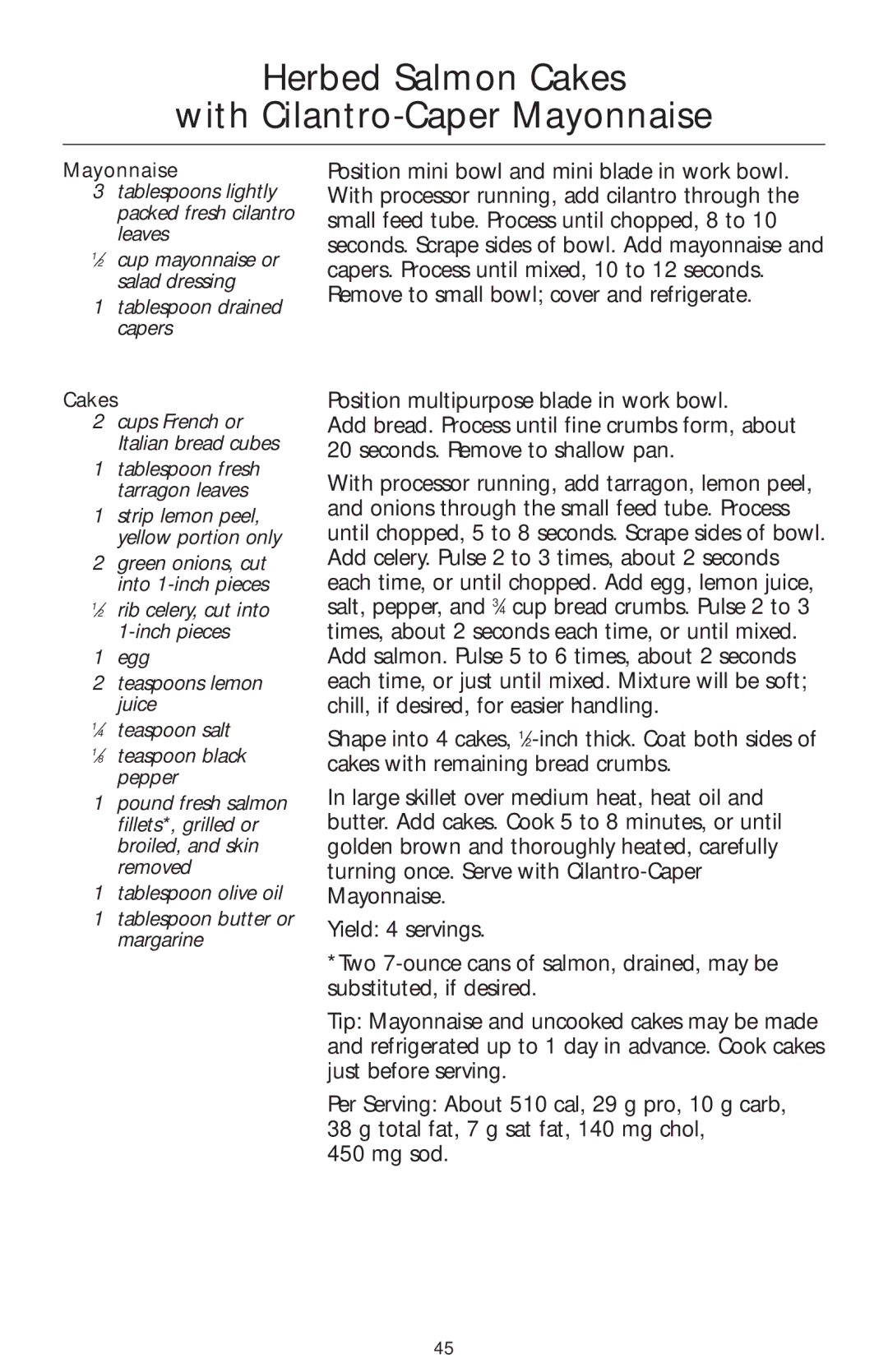 KitchenAid KFPW760, KFPM770 manual Herbed Salmon Cakes With Cilantro-Caper Mayonnaise 