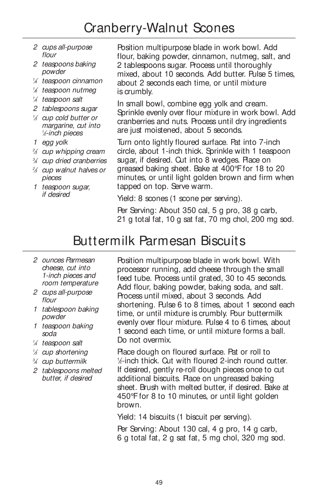 KitchenAid KFPW760, KFPM770 manual Cranberry-Walnut Scones, Buttermilk Parmesan Biscuits 