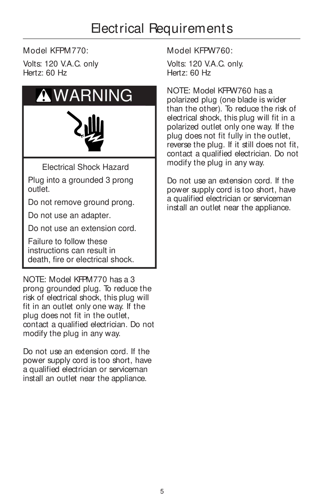 KitchenAid manual Electrical Requirements, Model KFPM770, Model KFPW760 