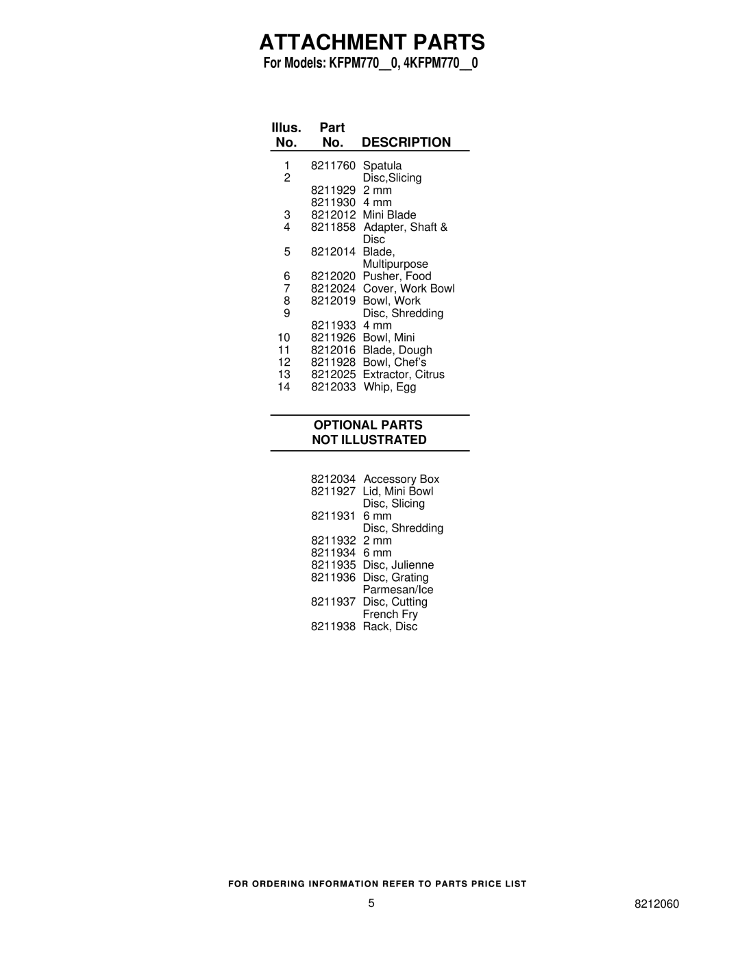 KitchenAid 4KFPM770NK0 manual Optional Parts Not Illustrated 