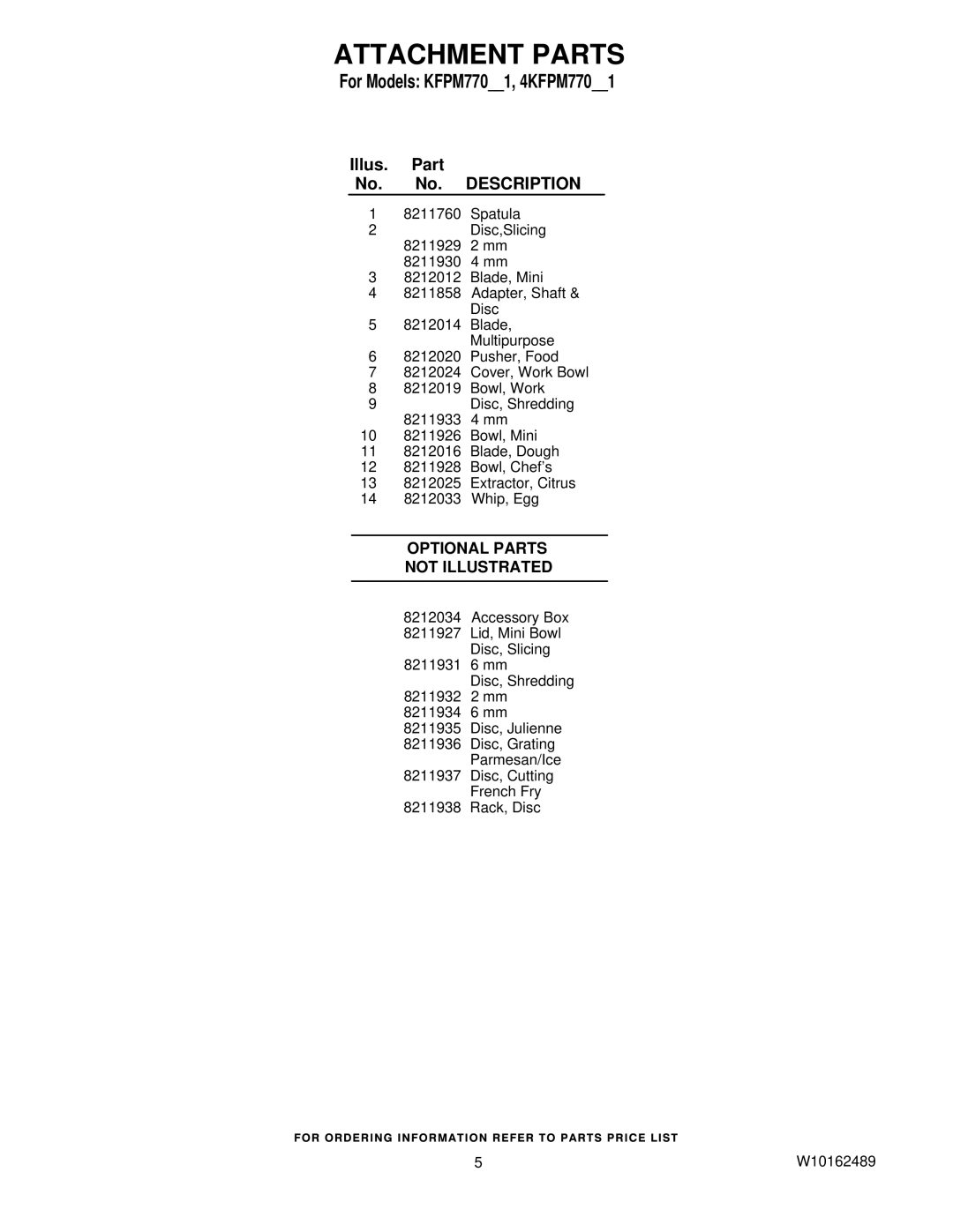 KitchenAid 4KFPM770NK1 manual Optional Parts Not Illustrated 