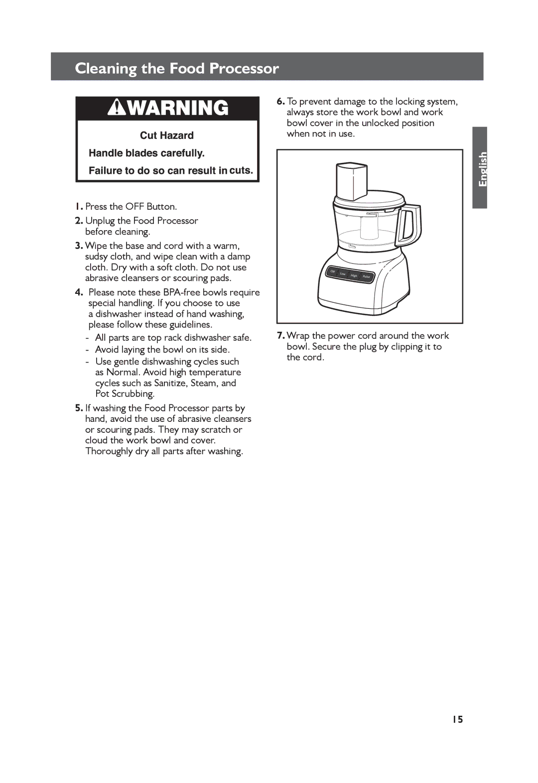 KitchenAid KFP0711, KFPO711CUO manual Cleaning the Food Processor, Unplug the Food Processor before cleaning 