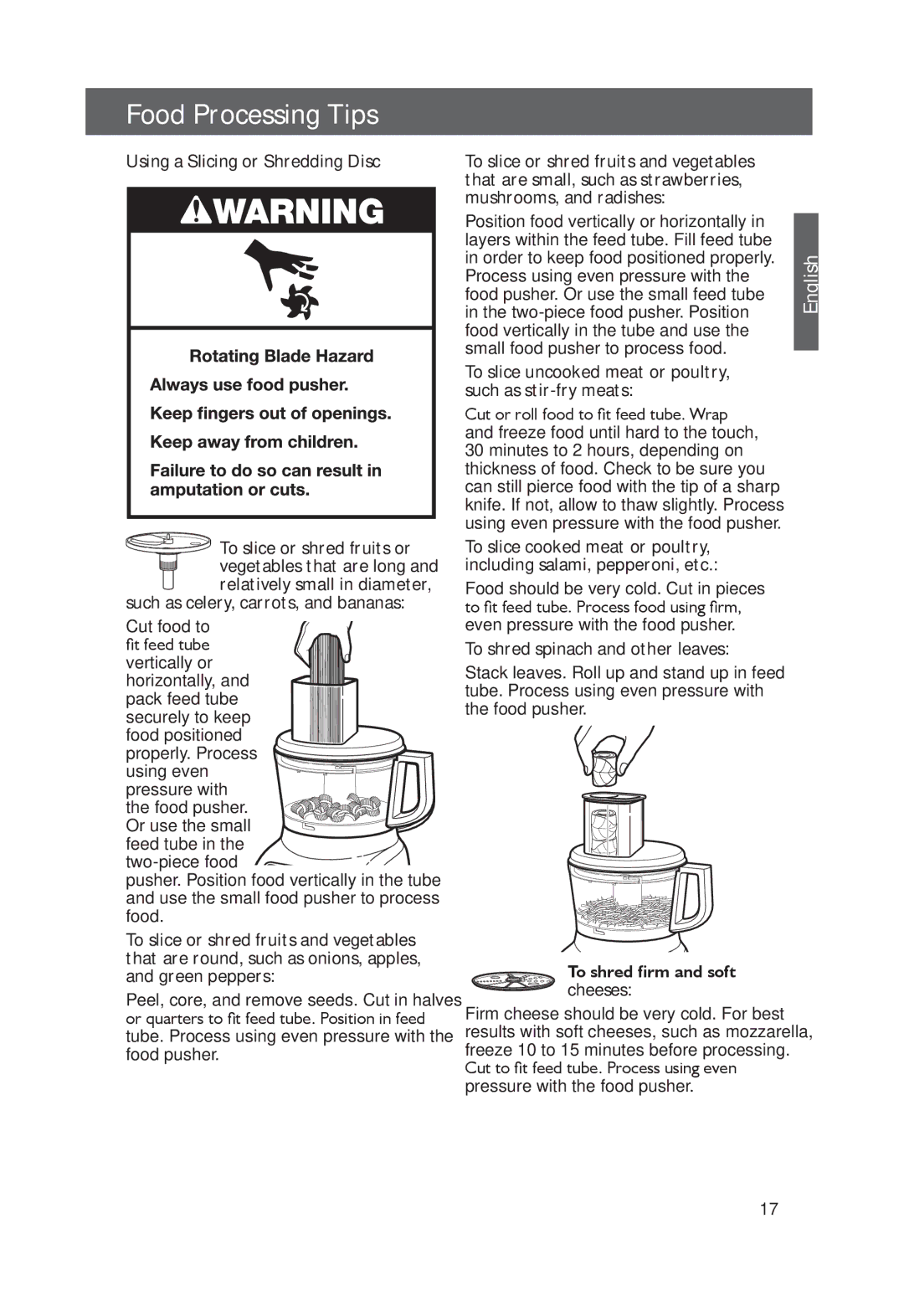 KitchenAid KFP0711, KFPO711CUO manual Such as celery, carrots, and bananas, Cut food to fit feed tube vertically or 