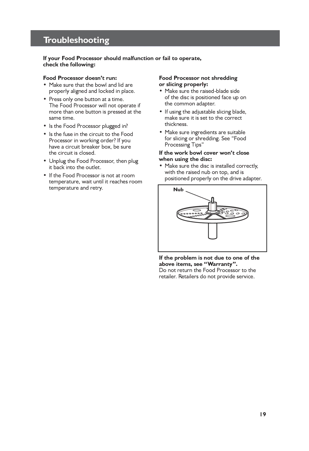 KitchenAid KFP0711, KFPO711CUO manual Troubleshooting, Food Processor not shredding or slicing properly 