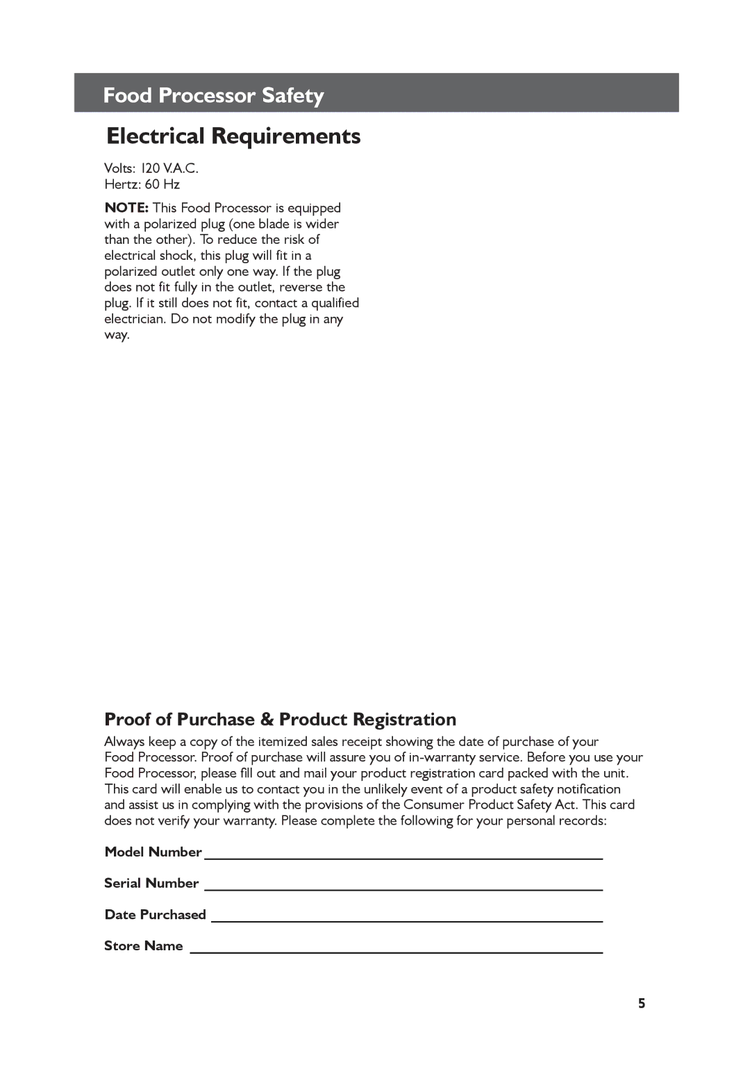 KitchenAid KFP0711, KFPO711CUO manual Proof of Purchase & Product Registration, Volts 120 V.A.C Hertz 60 Hz 