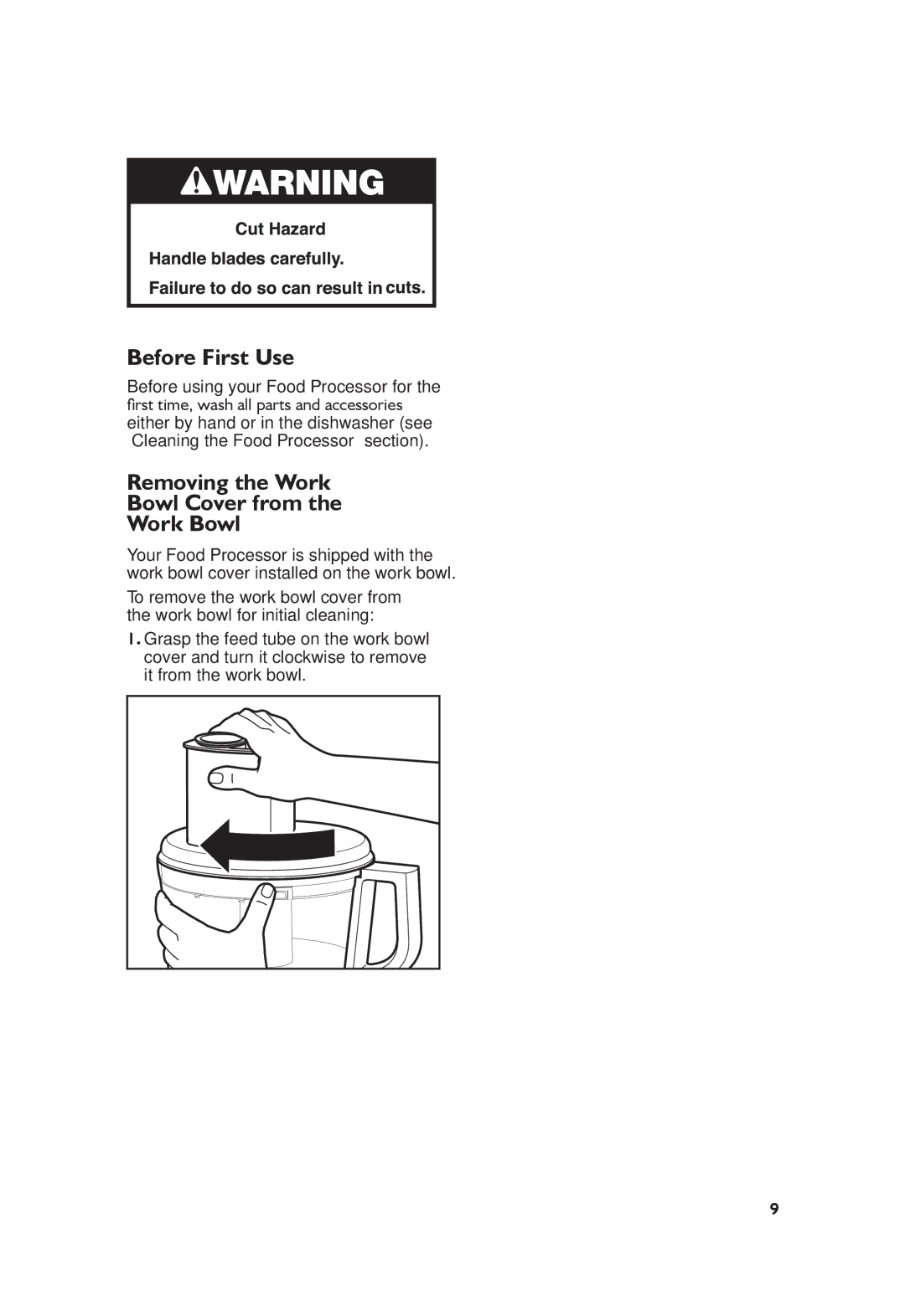 KitchenAid KFP0711 manual Preparing the Food Processor for First Use, Before First Use, Removing the Work Bowl Cover from 