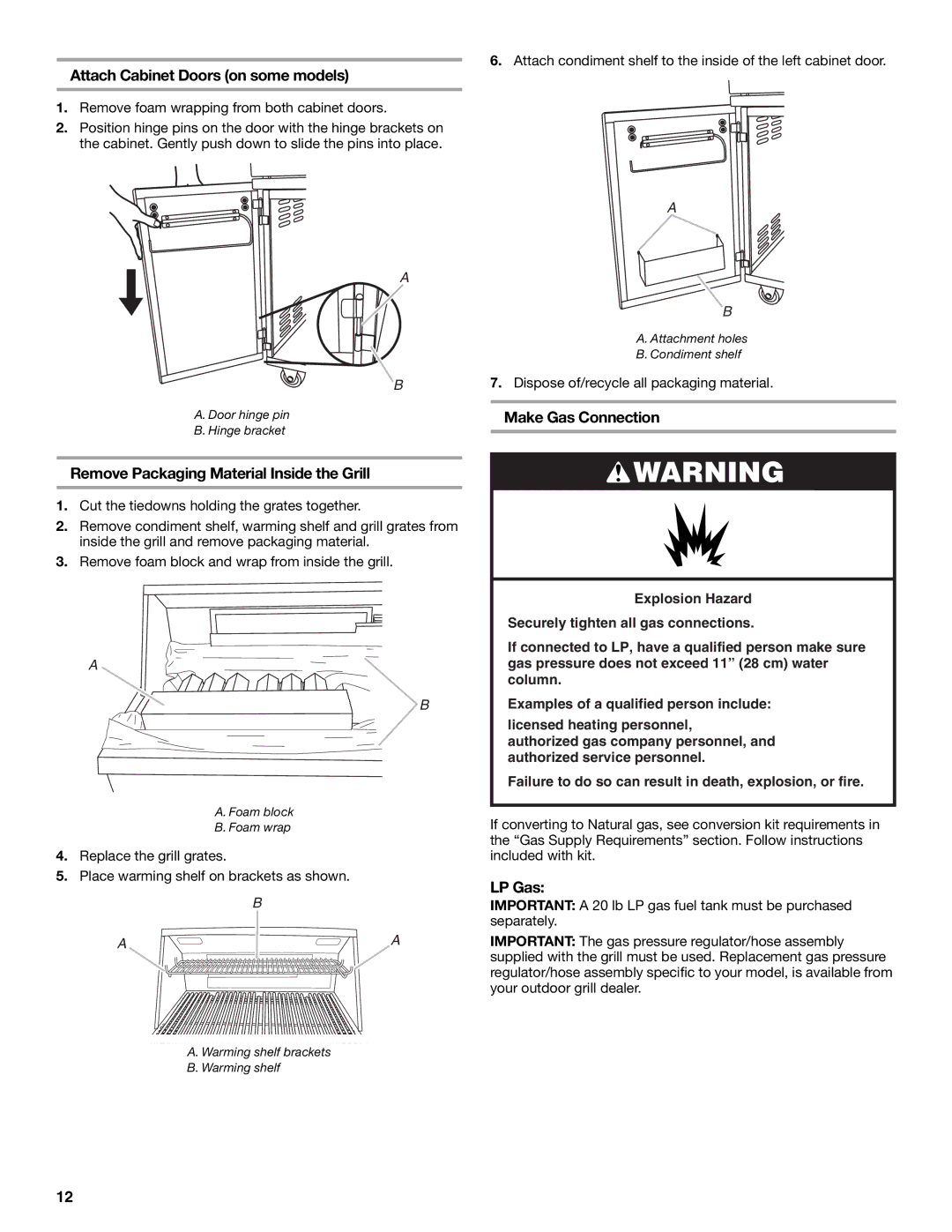 KitchenAid KFRS361T Attach Cabinet Doors on some models, Remove Packaging Material Inside the Grill, Make Gas Connection 