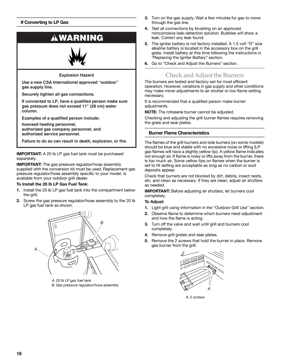 KitchenAid KFRS365T Check and Adjust theBurners, If Converting to LP Gas, Burner Flame Characteristics, To Adjust 