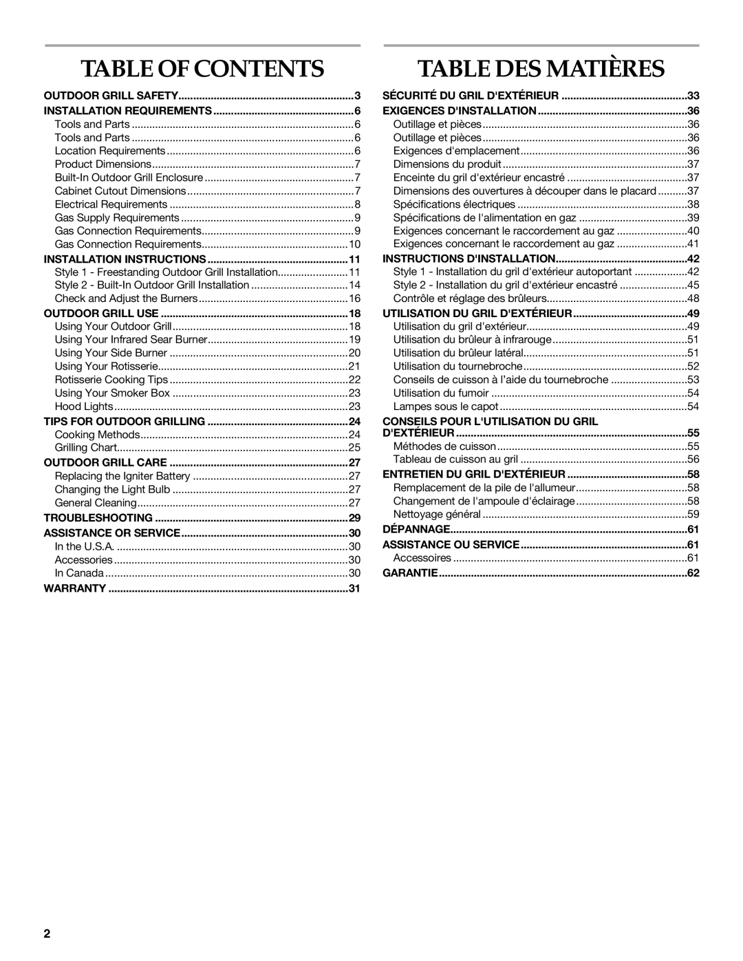 KitchenAid KFRS361T, KFRS271T, KFRS365T, KBNS361T, KBNS271T installation instructions Table DES Matières, Table of Contents 