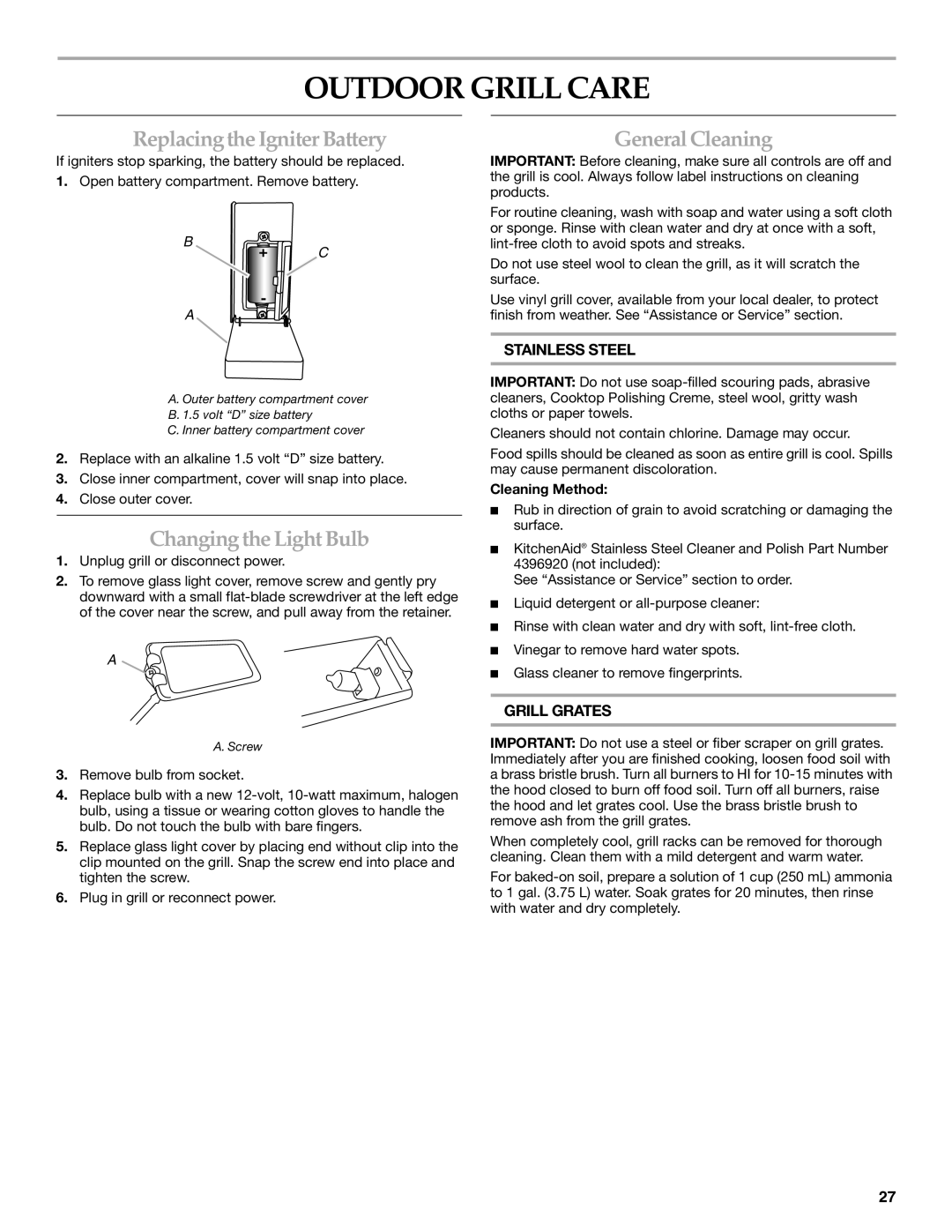 KitchenAid KFRS361T, KFRS271T Outdoor Grill Care, Replacingthe Igniter Battery, Changing theLight Bulb, GeneralCleaning 