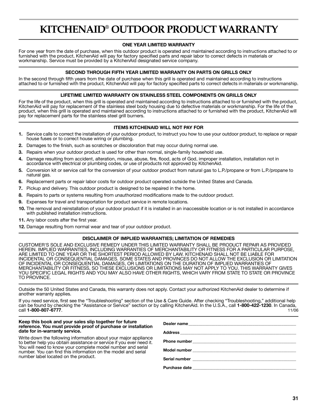 KitchenAid KFRS365T, KFRS271T, KFRS361T, KBNS361T, KBNS271T installation instructions Kitchenaid Outdoor Product Warranty, Call 