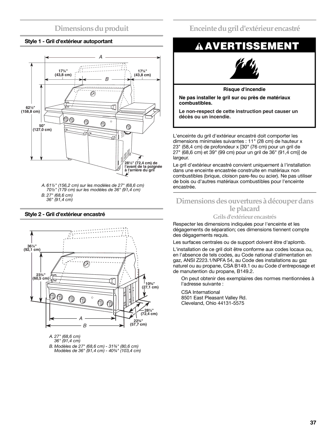 KitchenAid KFRS361T, KFRS271T Dimensionsdu produit, Enceinte du grildextérieur encastré, Grils dextérieur encastrés 