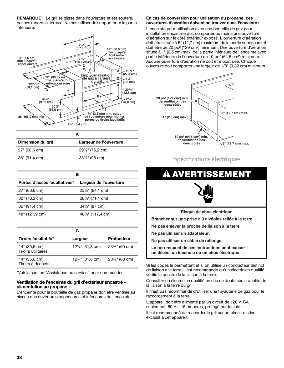 KitchenAid KBNS361T, KFRS271T, KFRS365T Spécificationsélectriques, Portes daccès facultatives* Largeur de louverture 