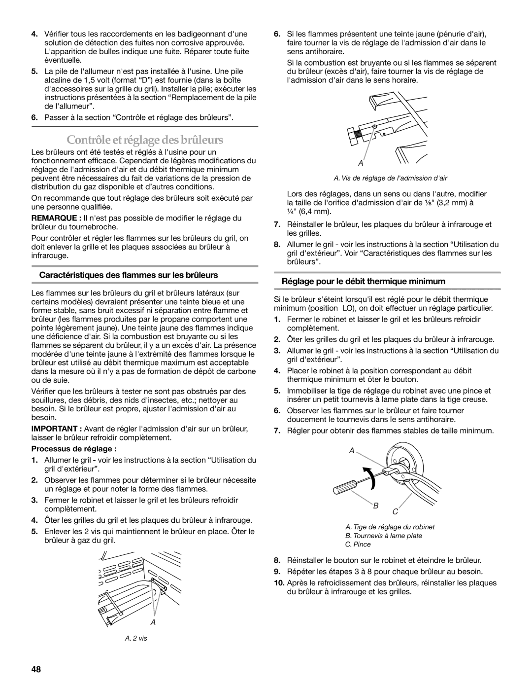 KitchenAid KBNS361T Contrôle et réglagedes brûleurs, Caractéristiques des flammes sur les brûleurs, Processus de réglage 